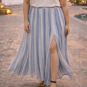 Torrid Maxi Gauze Skirt 22/24 3X Blue White Stripe Side Slit Pockets Coastal